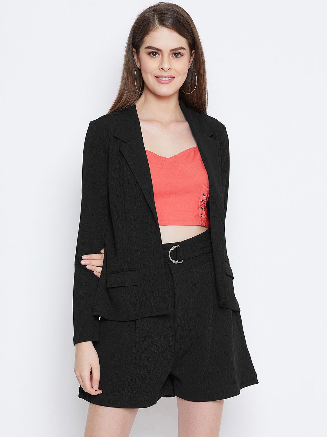 Zastraa Women Black Solid Coat with Shorts