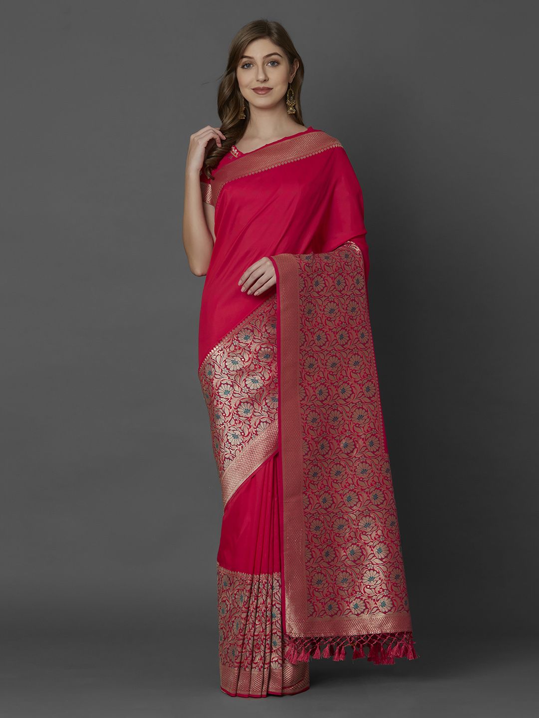 Mitera Pink Silk Blend Woven Design Kanjeevaram Saree Price in India
