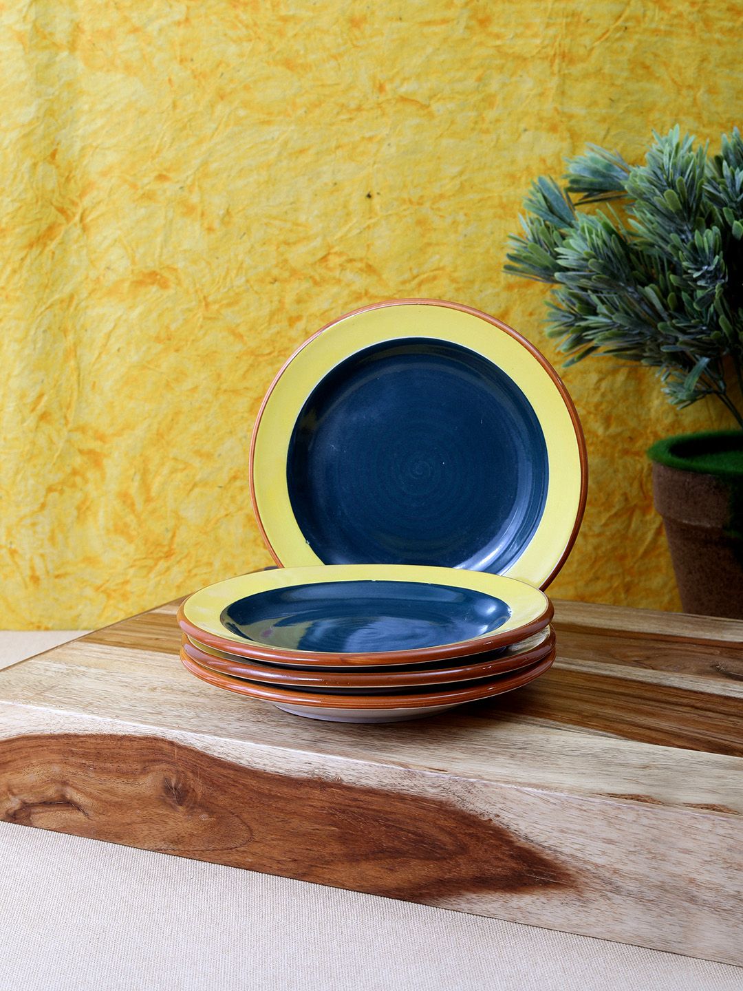 VarEesha Set of 4 Navy Blue & Yellow Solid Ceramic Plates Price in India