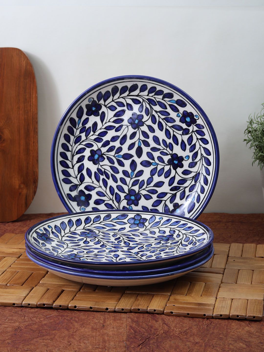 VarEesha Set of 4 Off-White & Navy Blue Printed Ceramic Plates Price in India