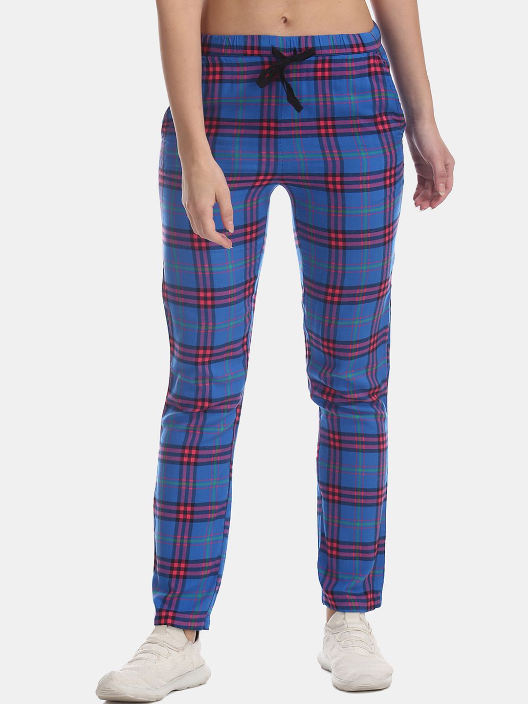 Sugr Women Blue & Orange Checked Track Pants Price in India