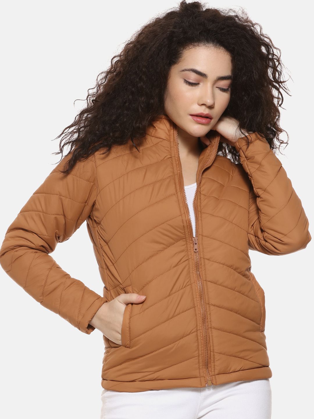 Campus Sutra Women Brown Solid Padded Jacket Price in India