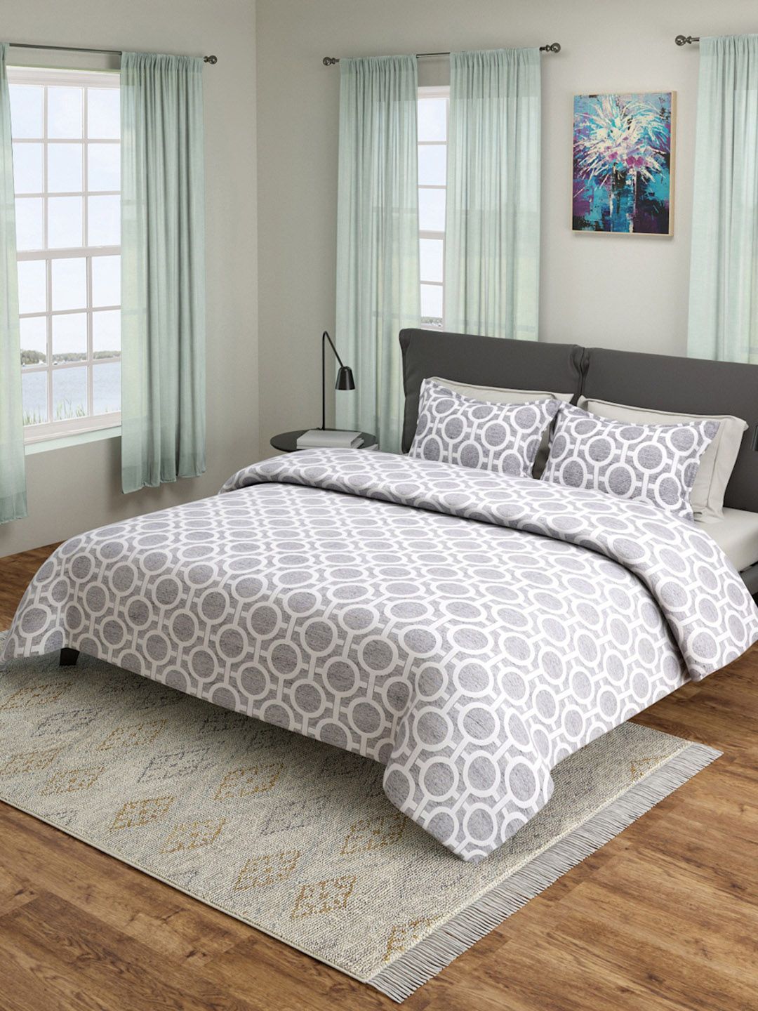 ROMEE Grey & White Printed Bed Cover With Pillow Covers Price in India