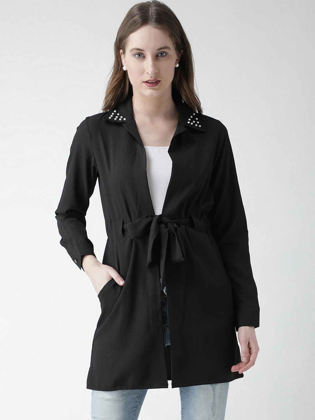 KASSUALLY Women Black Solid Tie-Up Shrug Price in India