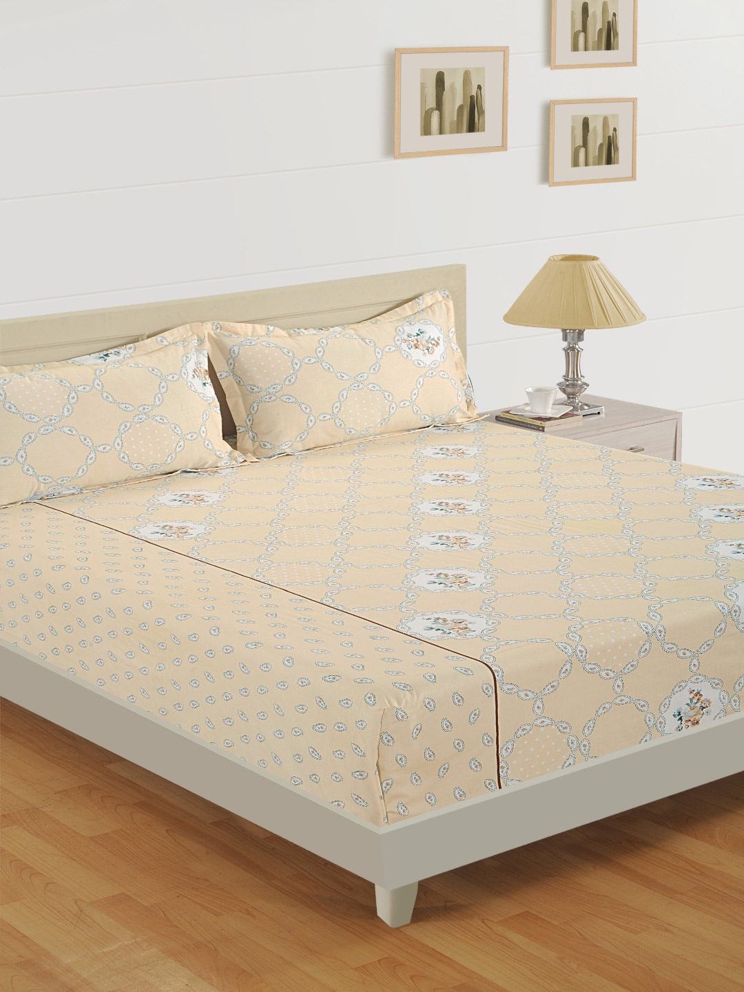 SWAYAM Beige Floral 144 TC Cotton 1 King Bedsheet with 2 Pillow Covers Price in India