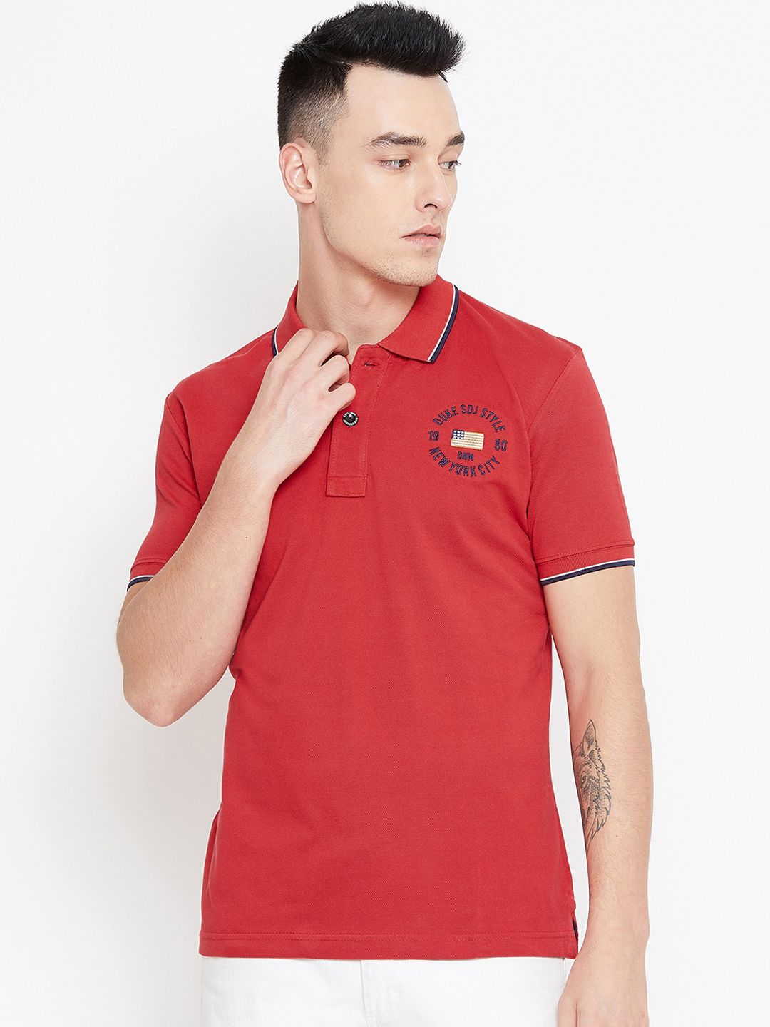 Duke Men Red Solid Polo Collar T-shirt
