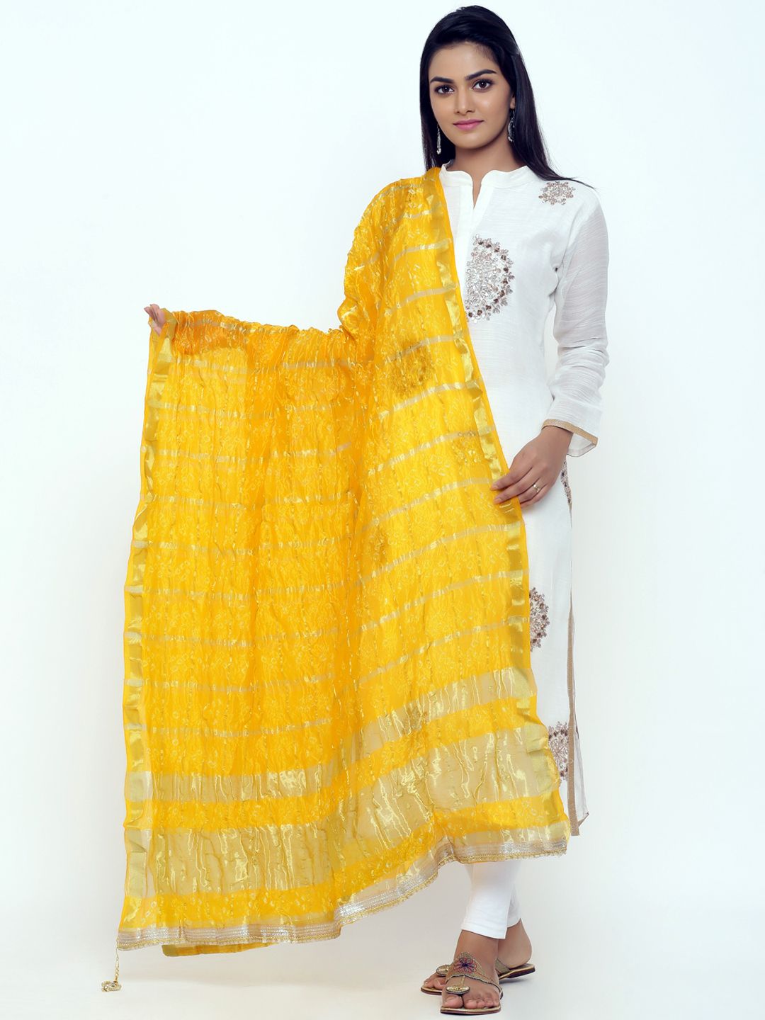 SOUNDARYA Women Yellow & Gold-Coloured Silk Hand Tie-Dye Bandhej Dupatta Price in India