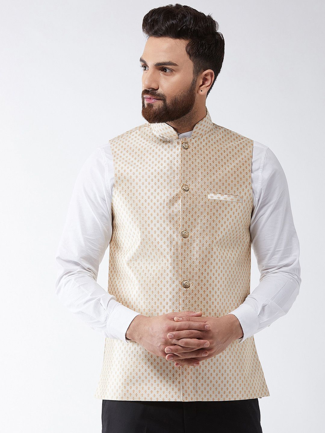 SOJANYA Men Beige & Gold-Coloured Woven Design Nehru Jacket