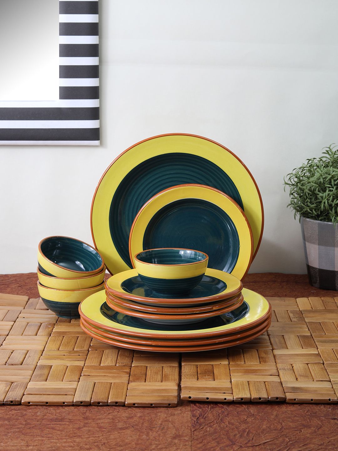 VarEesha Set of 12 Green & Yellow Printed Ceramic Dinner Plates & Bowls Price in India