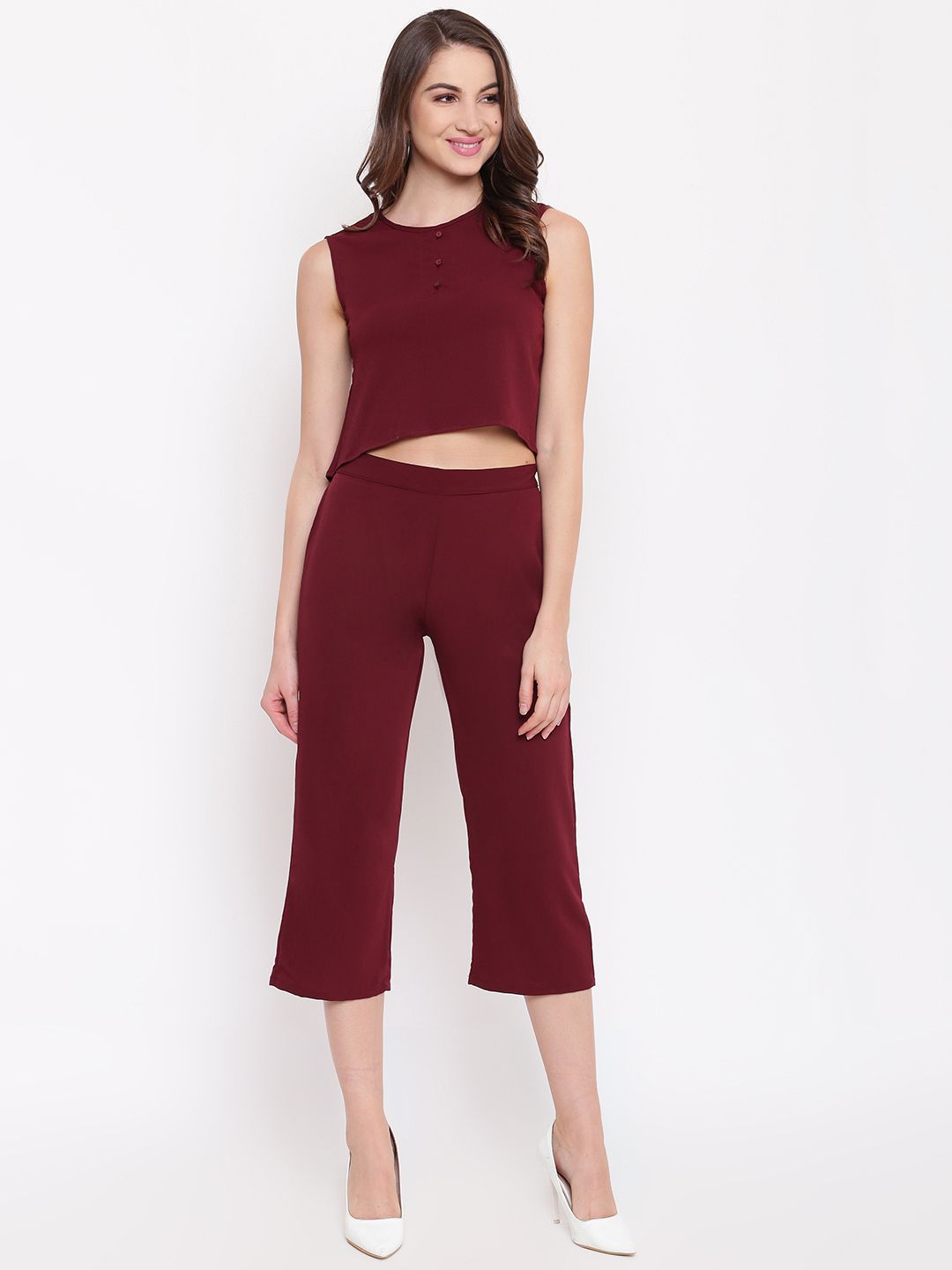 Mayra Women Maroon Solid Top with Capris