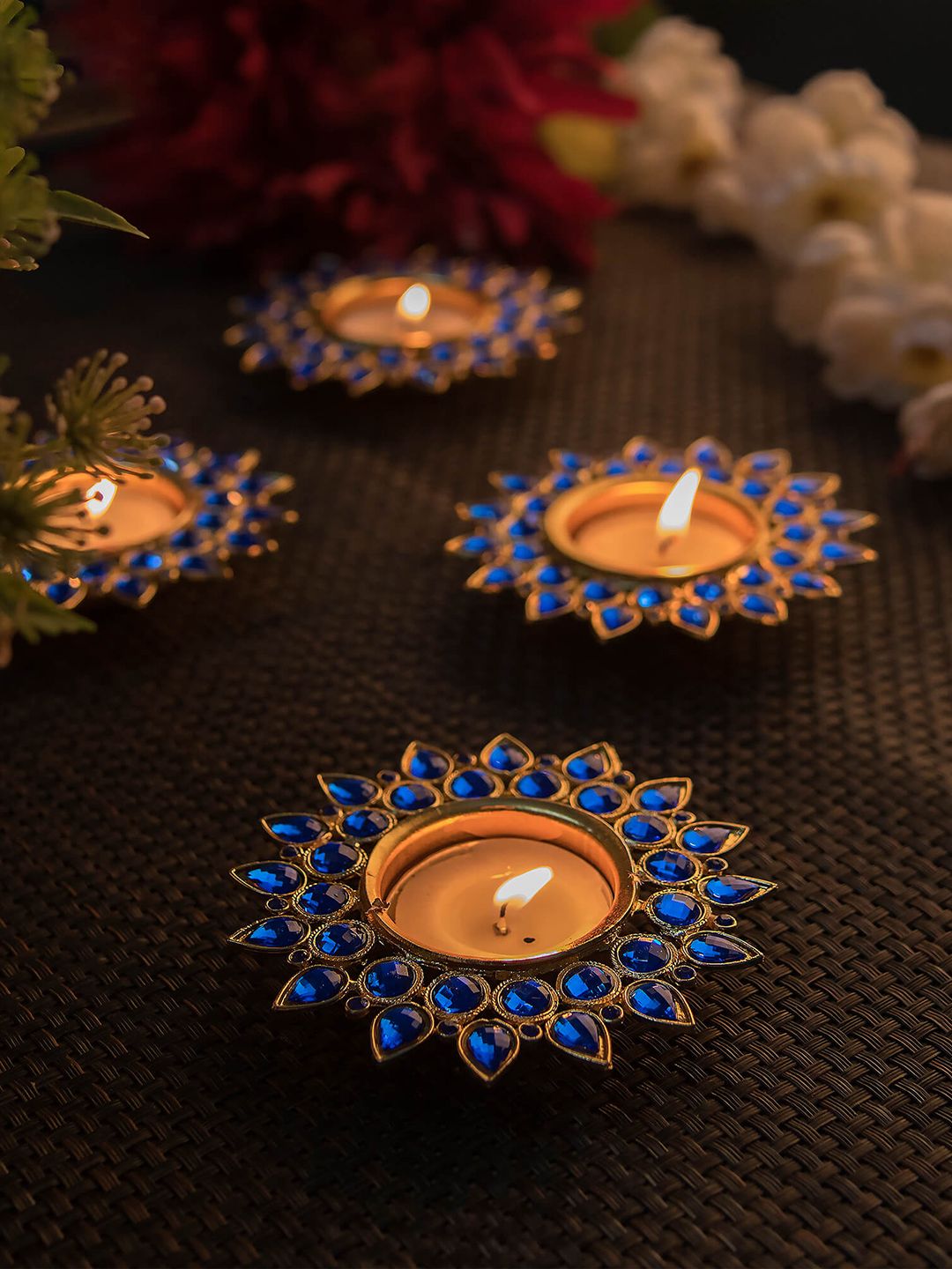 Homesake Set of 4 Blue & Gold-Toned Tea Light Candle Holders Price in India