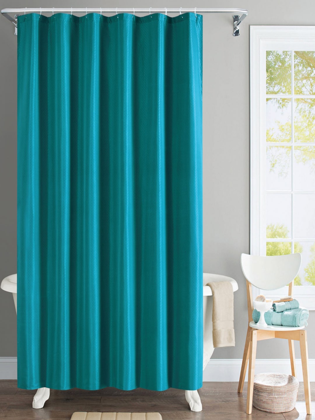 Deco Window Single Turquoise Blue Solid Water Repellant Shower Curtain with Hooks Price in India