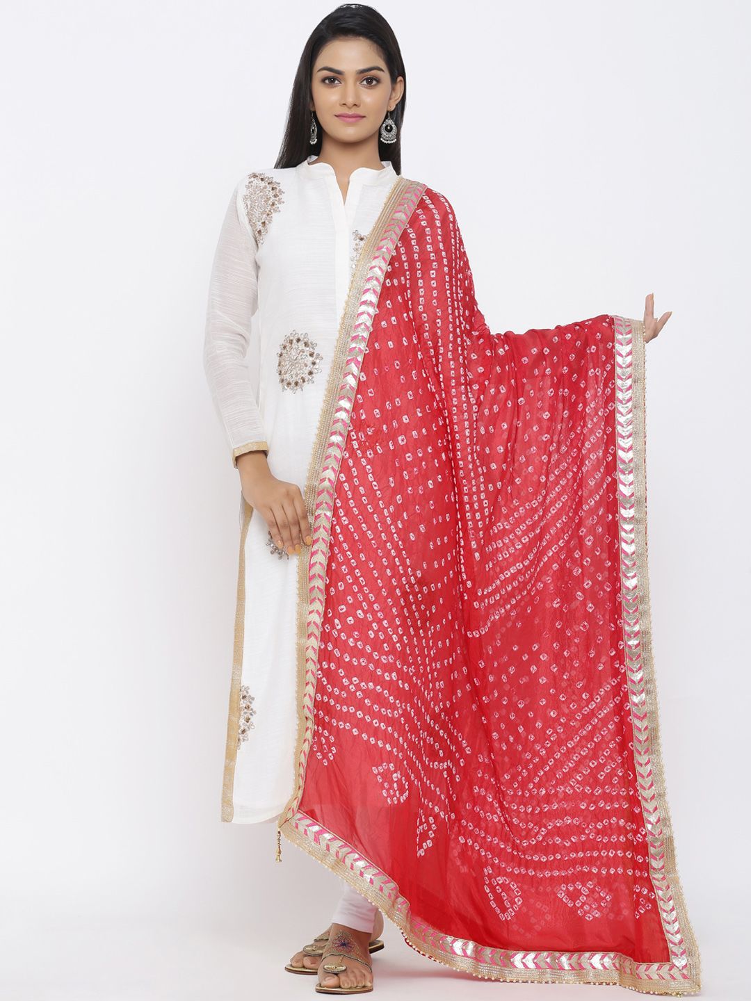SOUNDARYA Red & White Bandhej Dyed Dupatta Price in India