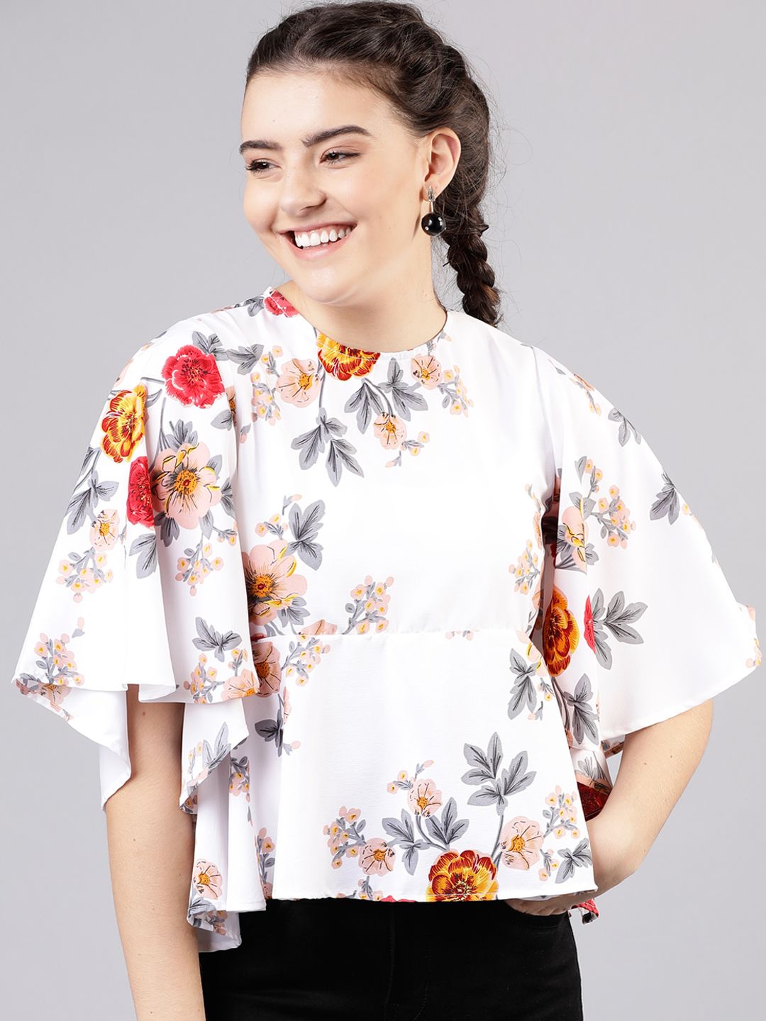 Tokyo Talkies Women Off-White and Beige Floral Printed Peplum Top