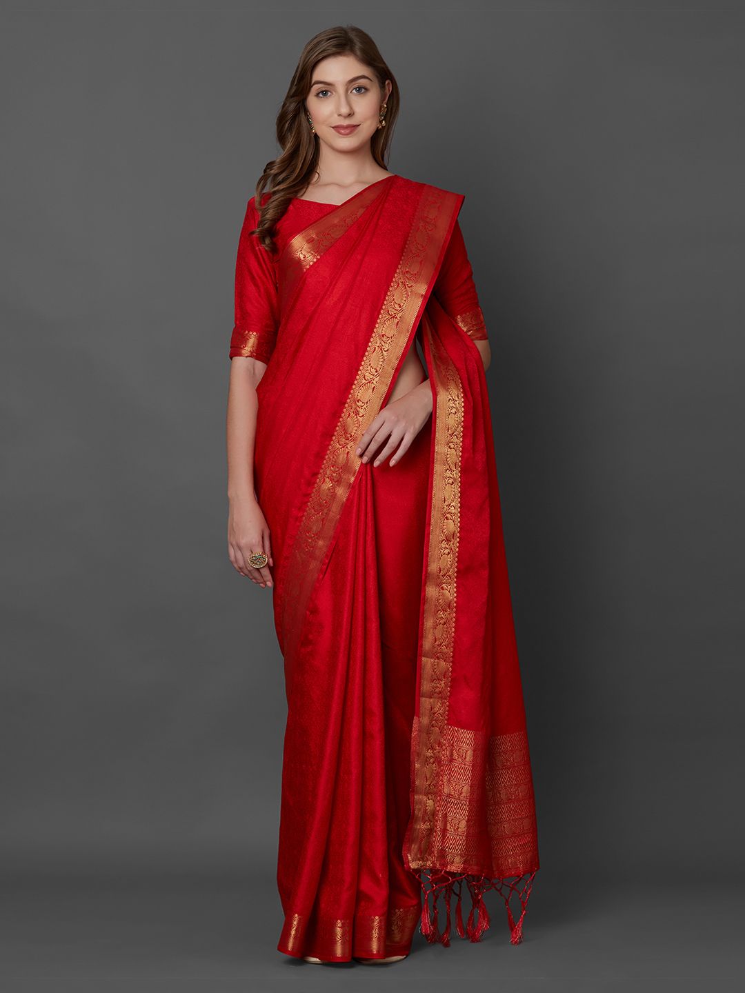 Mitera Red Solid Silk Blend Saree Price in India