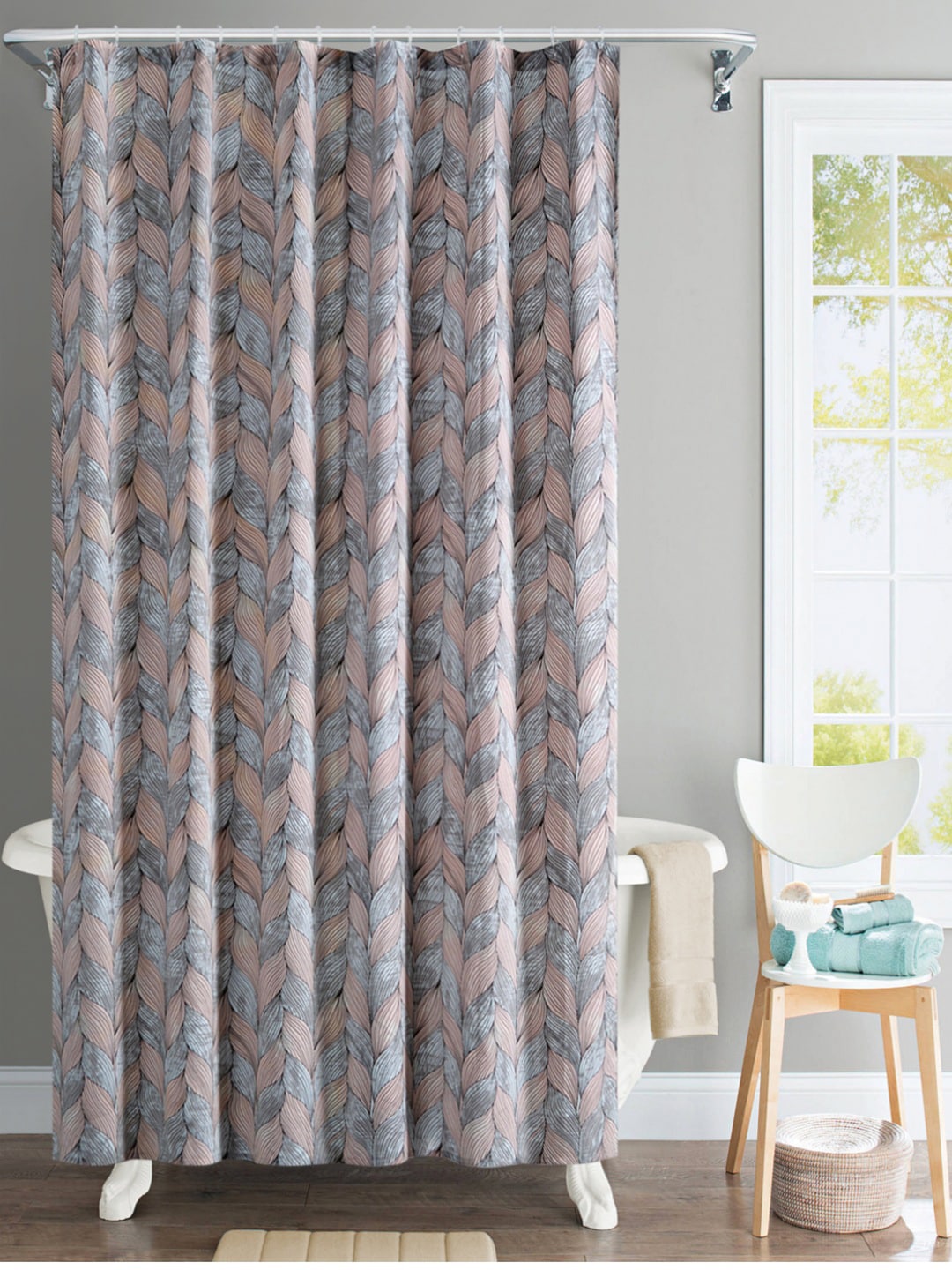 Deco Window Single Grey and Peach Printed Water Repellant Shower Curtain with Hooks Price in India