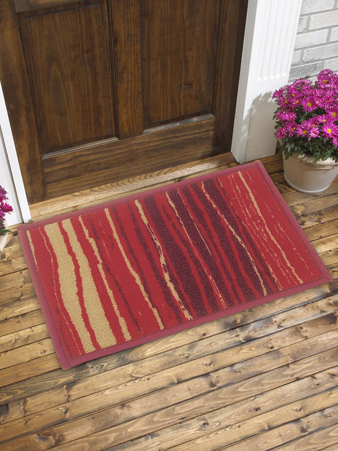 BIANCA Set of 3 Beige & Maroon Patterned Anti-Skid Doormats Price in India