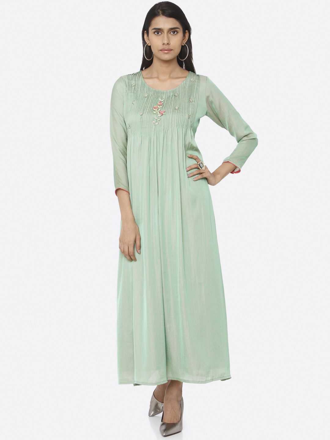 RAISIN Women Green Solid Accordion Pleated Maxi Dress Price in India