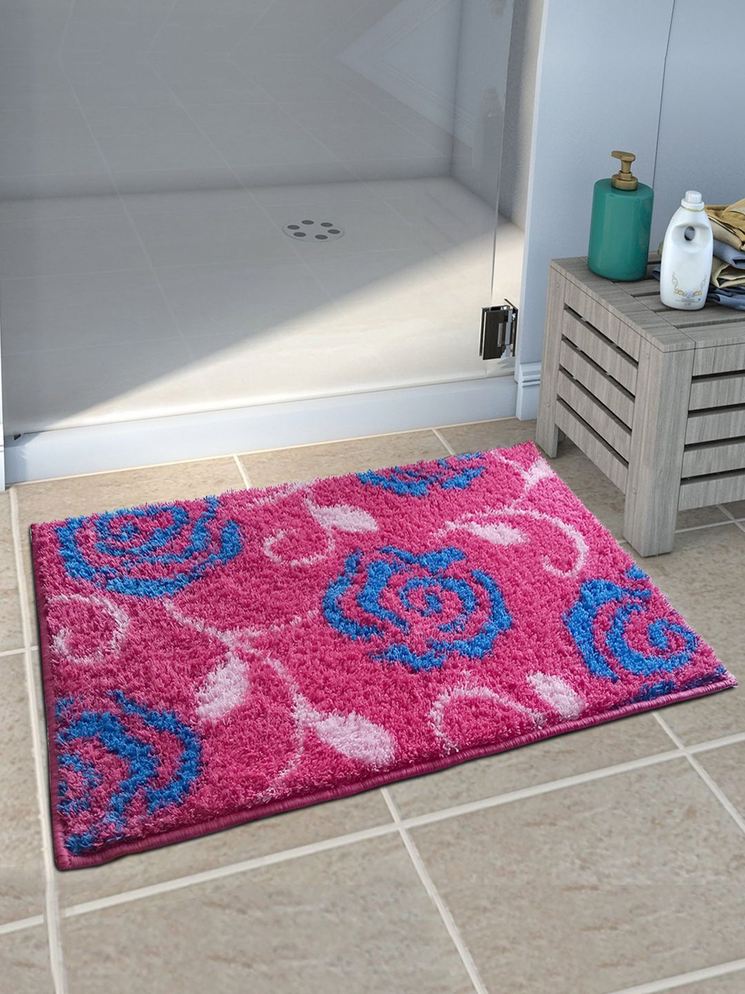 Athom Trendz Pink & Blue Printed Anti-Skid Bath Rug Price in India