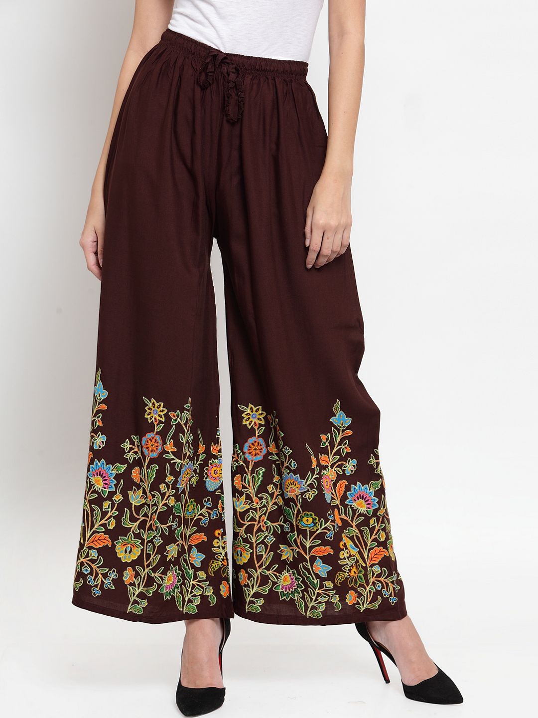 Clora Creation Women Coffee Brown Printed Wide Leg Palazzos Price in India