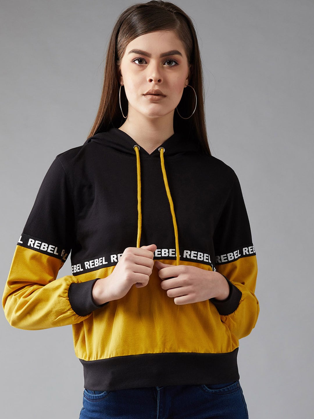 DOLCE CRUDO Women Yellow & Black Colourblocked Hooded Sweatshirt Price in India