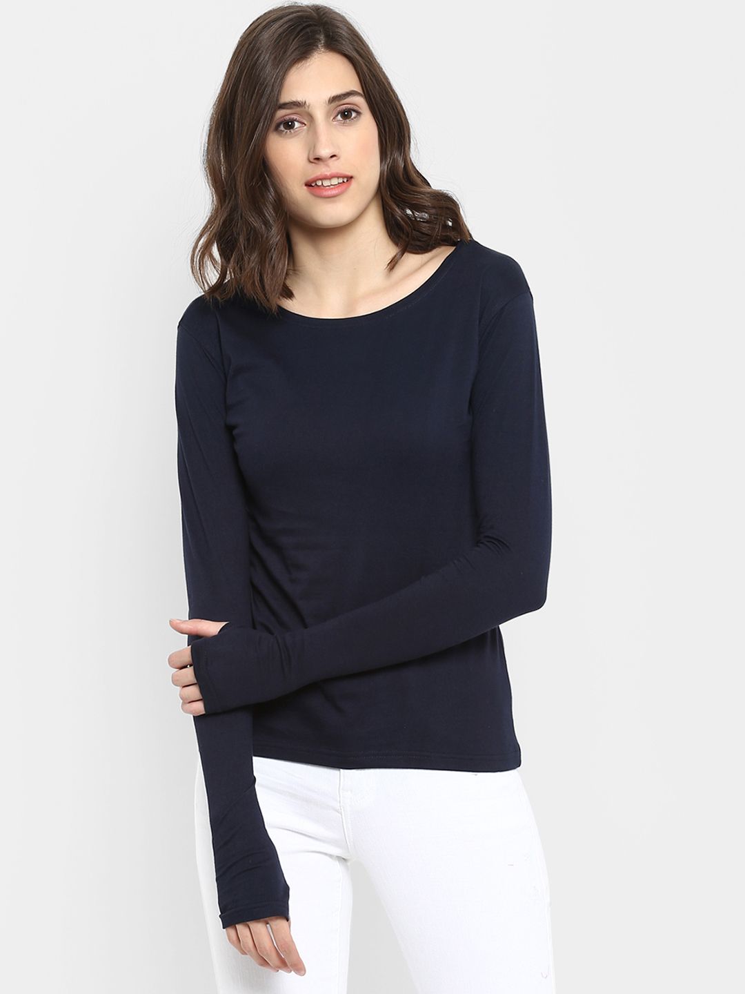 appulse Women Navy Blue Solid Round Neck T-shirt Price in India