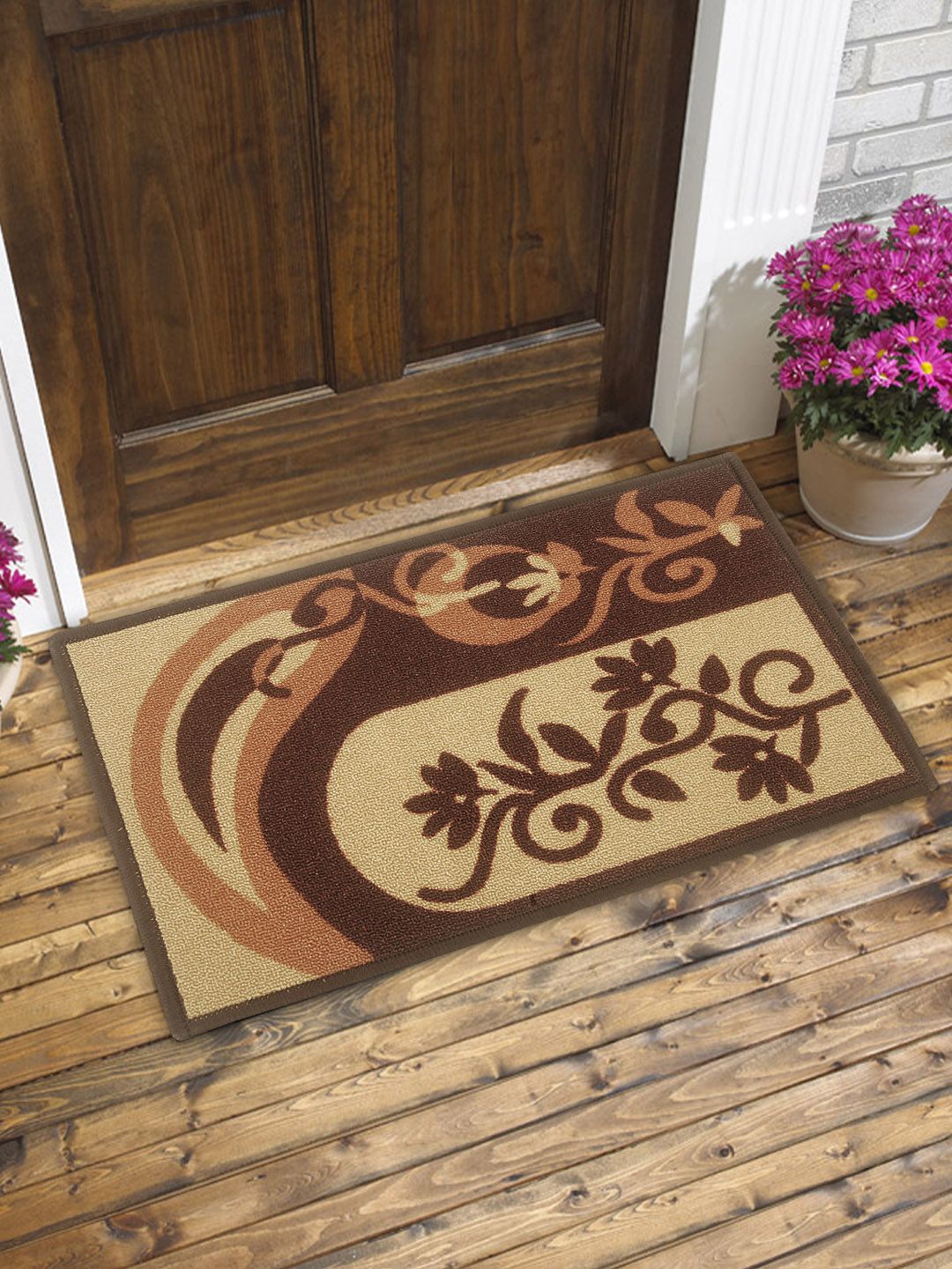 BIANCA Set of 2 Brown Printed Anti-Skid Doormats with HD Rubber Backing Price in India