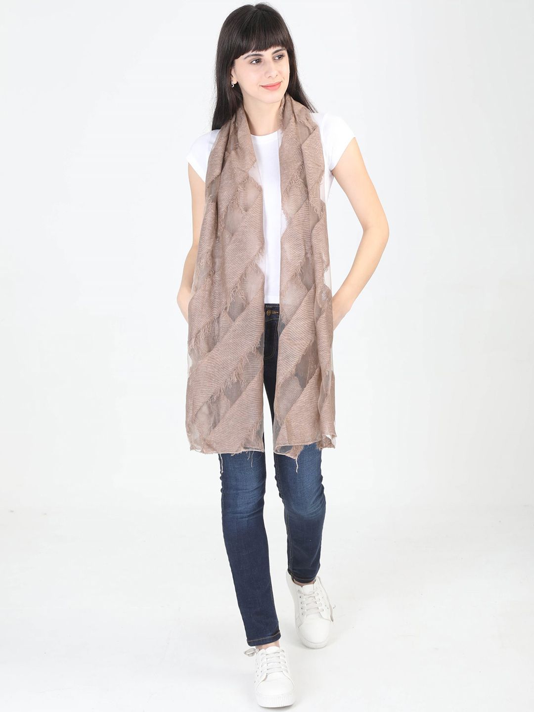 FabSeasons Women Brown Self Design Scarf Price in India