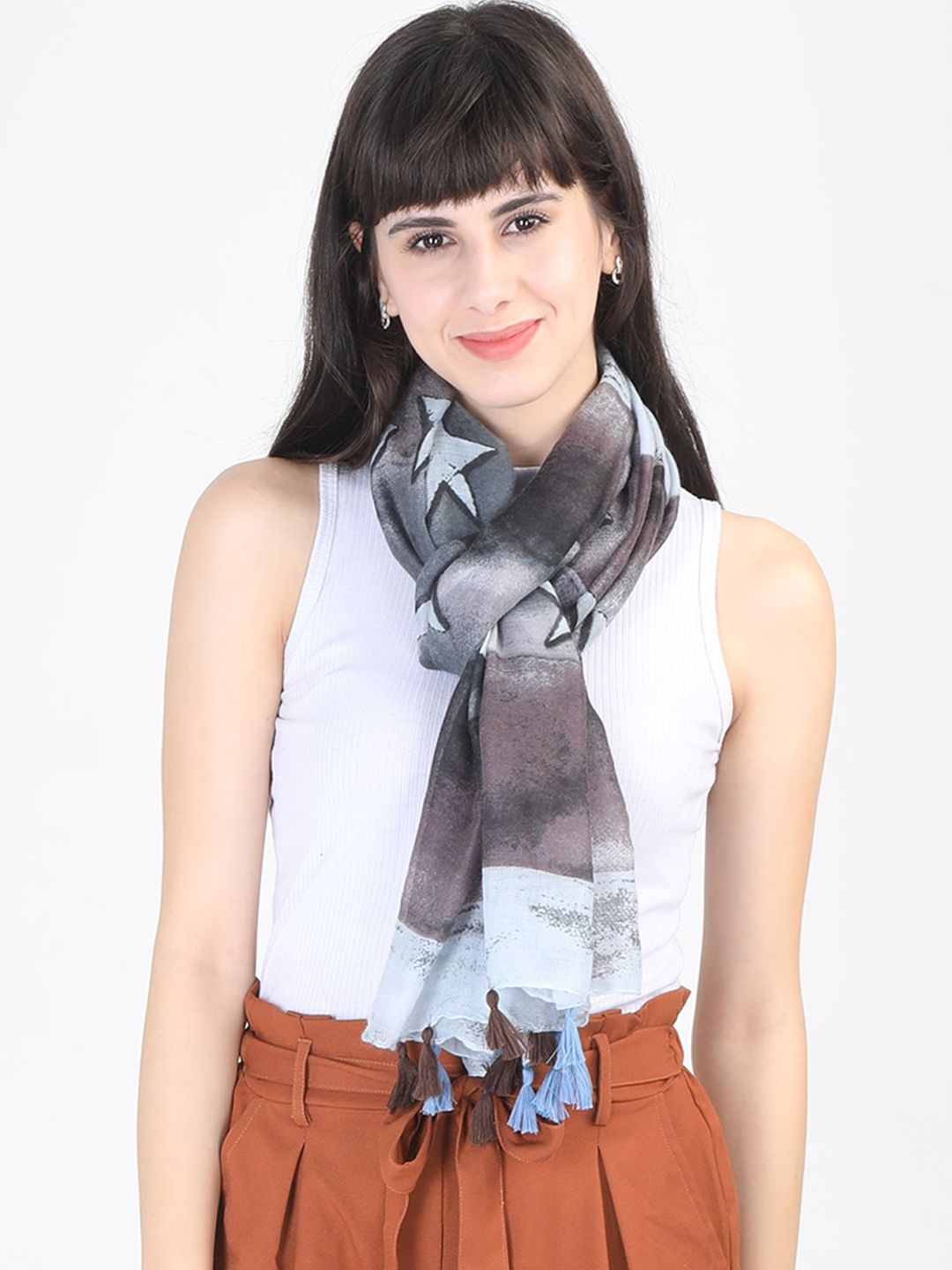 FabSeasons Women Grey & Blue Printed Scarf Price in India