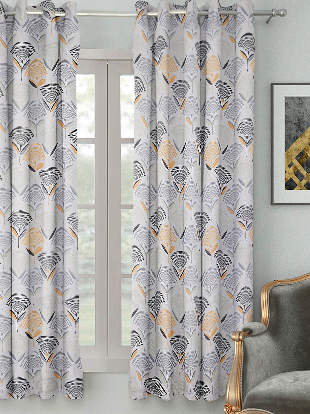 HOUZZCODE Off-White & Grey Single Room Darkening Window Curtain Price in India