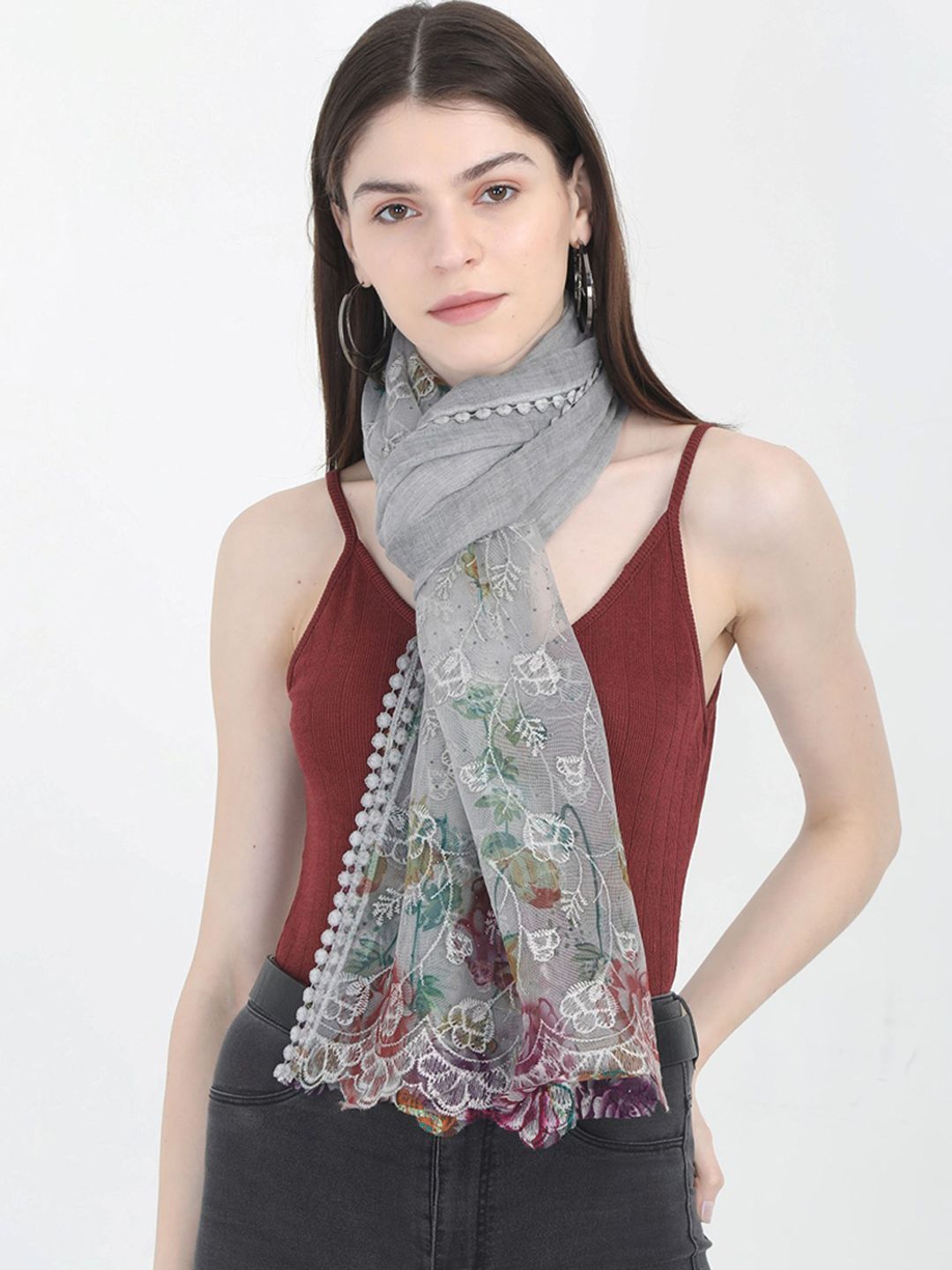 FabSeasons Women Grey Embroidered Scarf Price in India