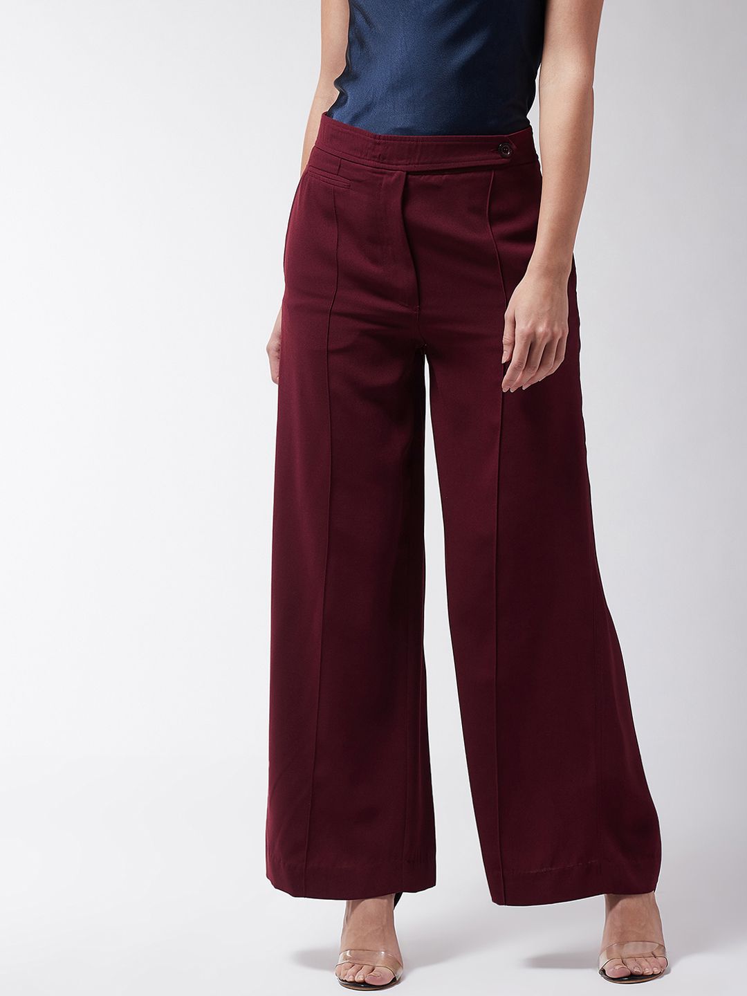 MAGRE Women Maroon Flared Solid Parallel Trousers Price in India
