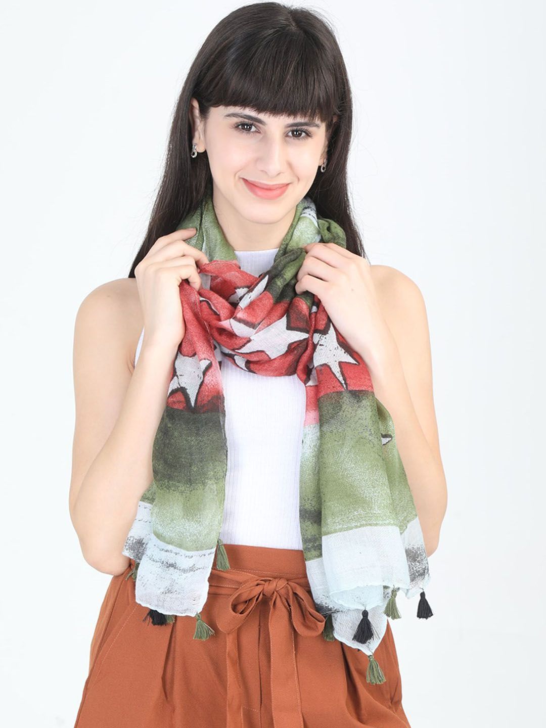 FabSeasons Women Green & Red Printed Scarf Price in India