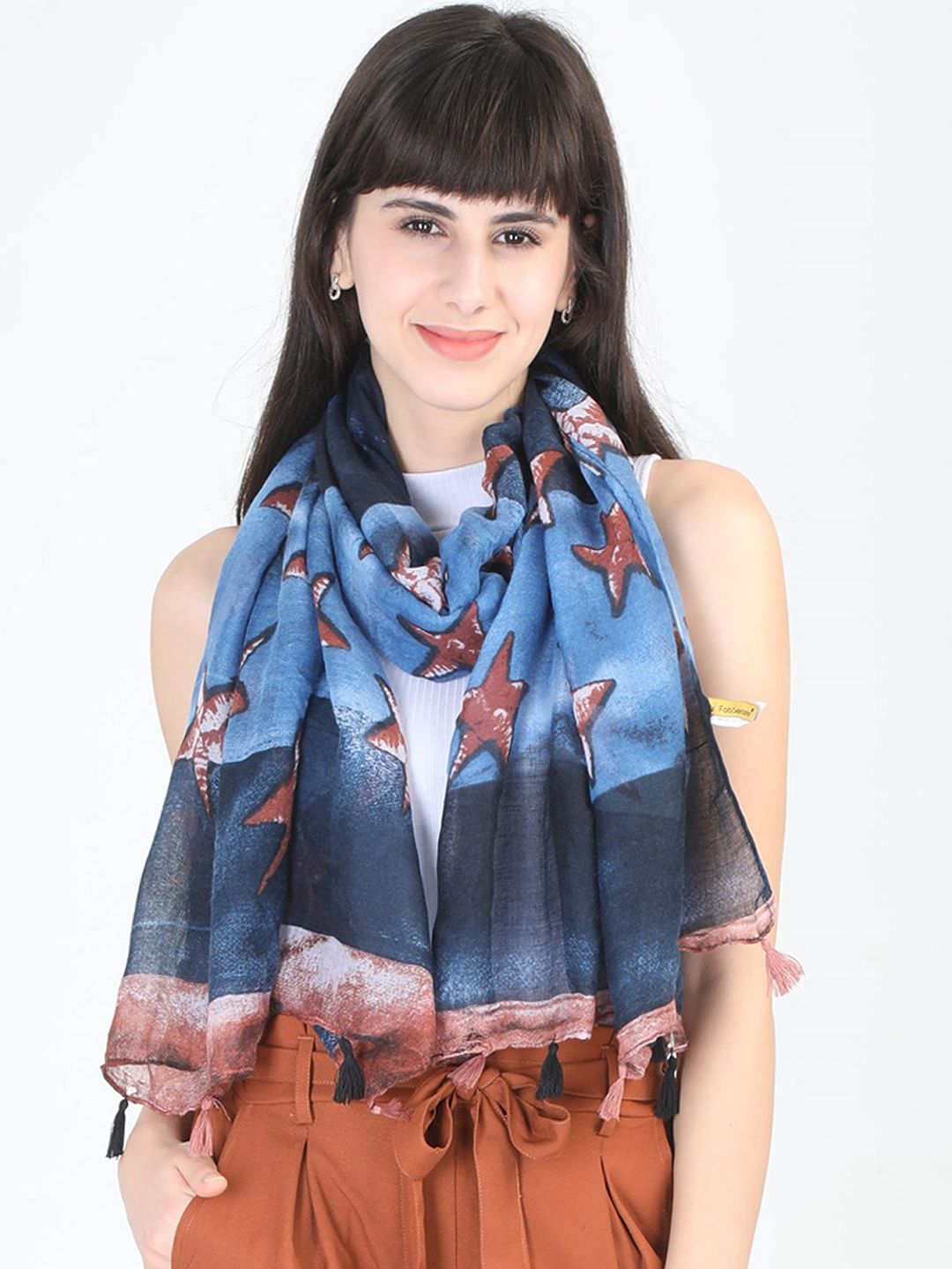 FabSeasons Women Blue & Maroon Printed Scarf Price in India