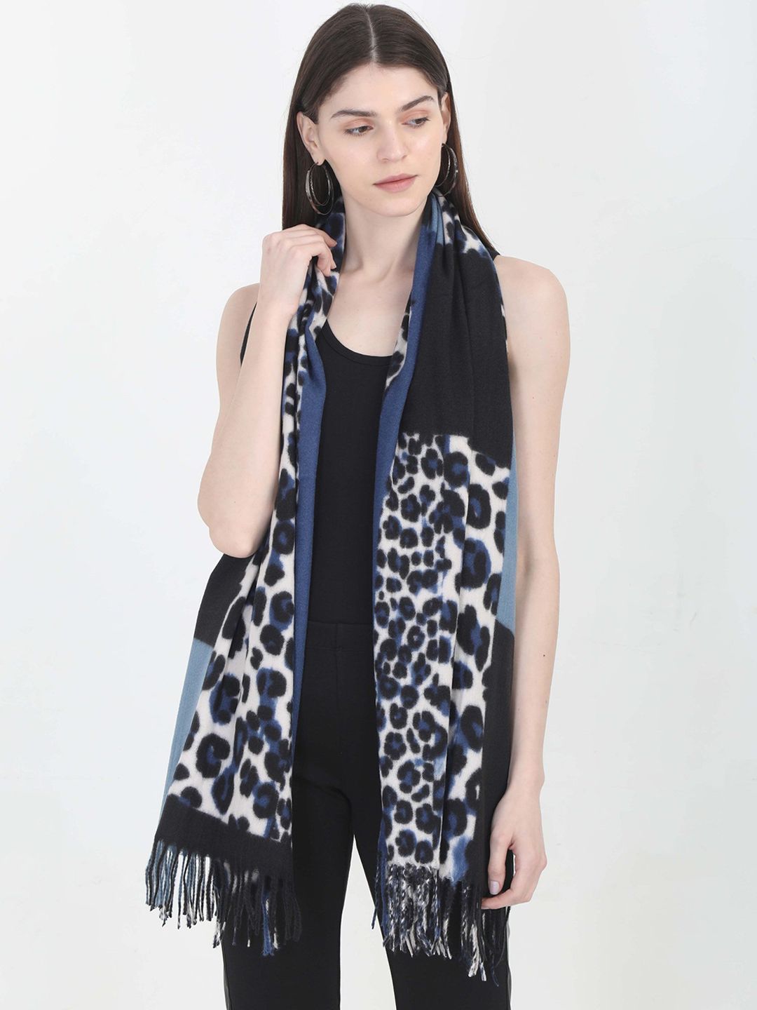 FabSeasons Women Blue & Black Animal Printed Scarf Price in India