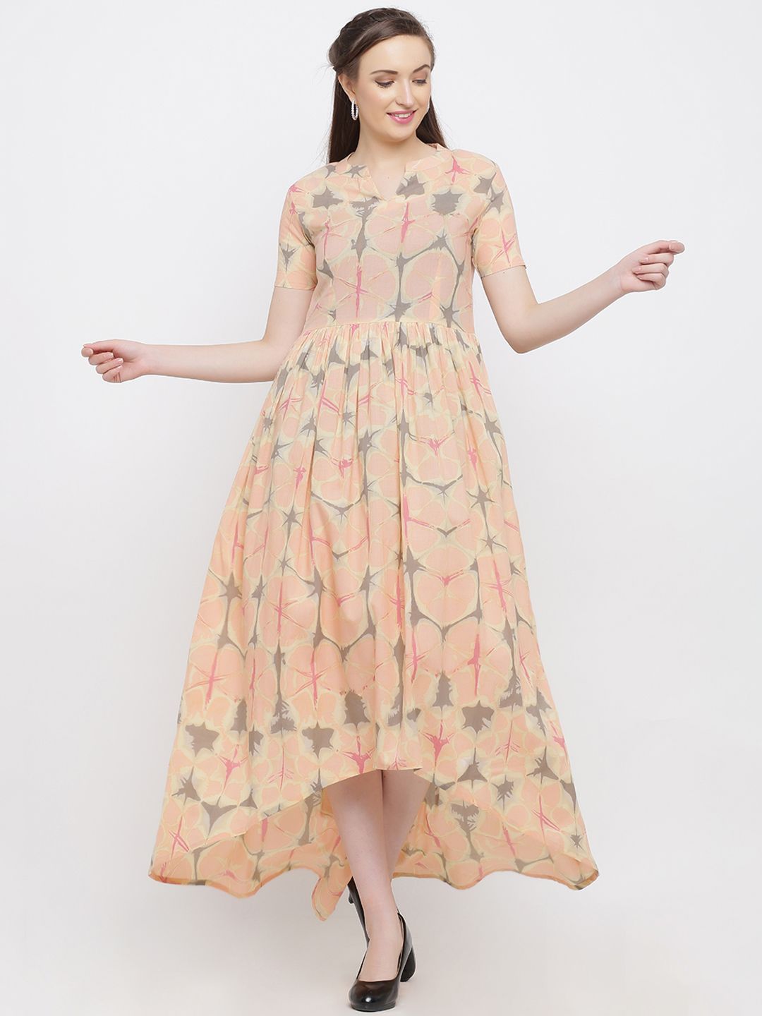 Indian Virasat Women Printed Peach-Coloured A-Line Dress Price in India