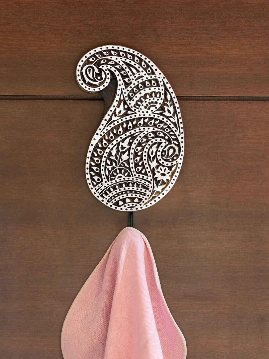 ExclusiveLane Pleasant Paisley Hand-Carved Block Wall Hook Towel Holder In Sheesham Wooden Price in India