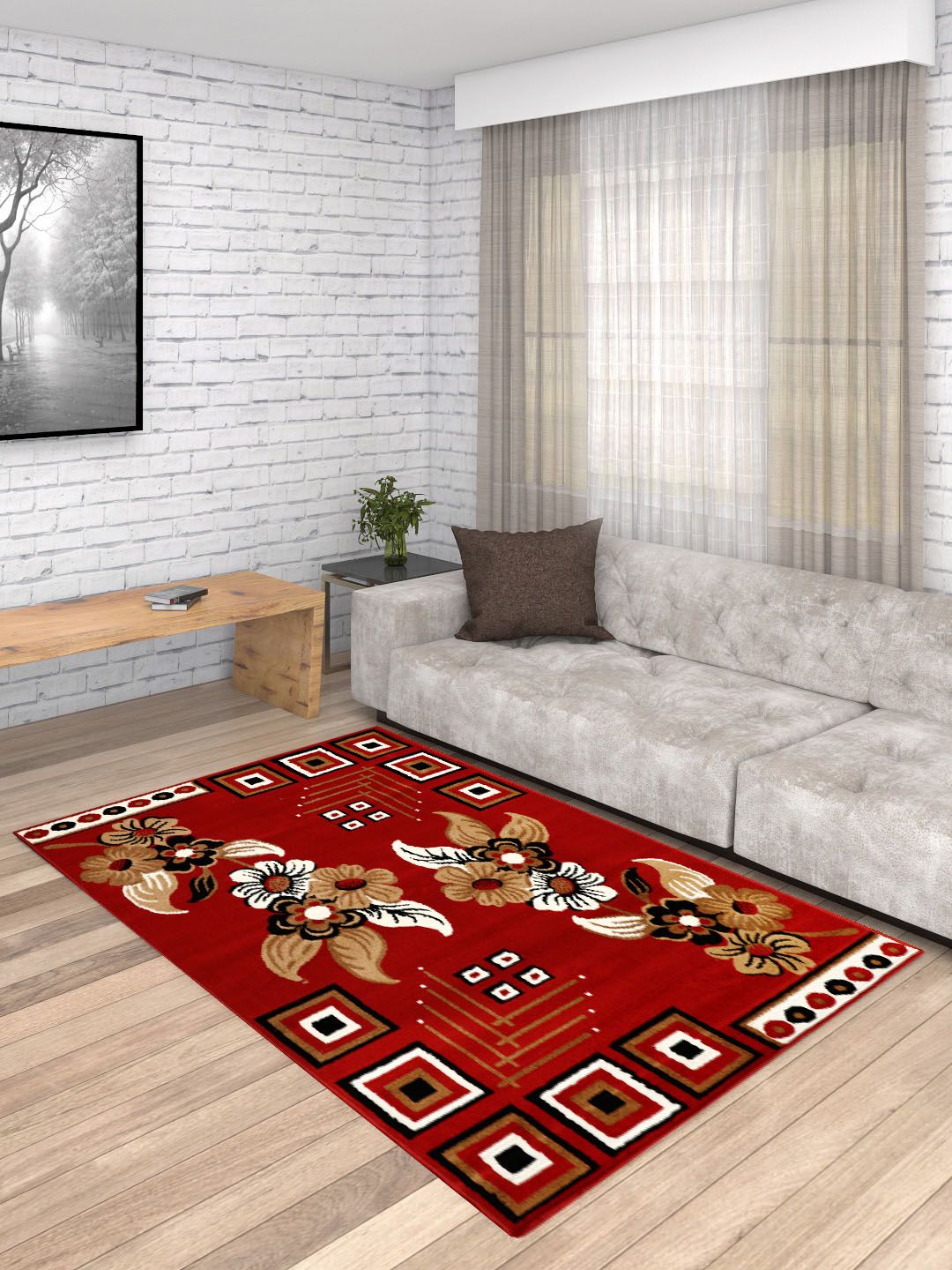 Presto Red & Brown Ethnic Motif Heavy-Shaggy Anti-Skid Carpet Price in India