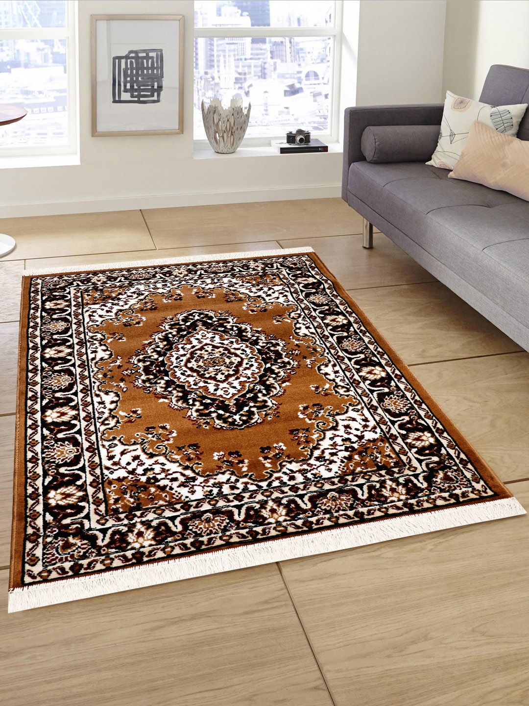 Presto Brown & Black Ethnic Motif Heavy-Shaggy Anti-Skid Carpet Price in India