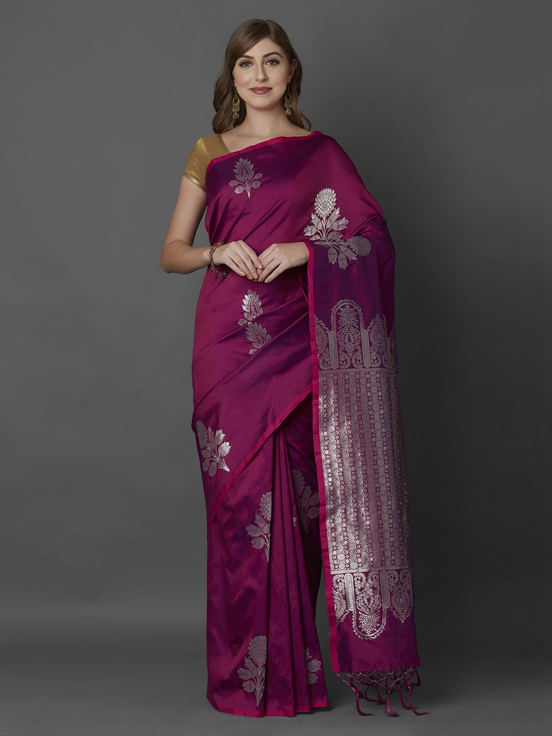 Mitera Magenta Silk Blend Woven Design Banarasi Saree Price in India