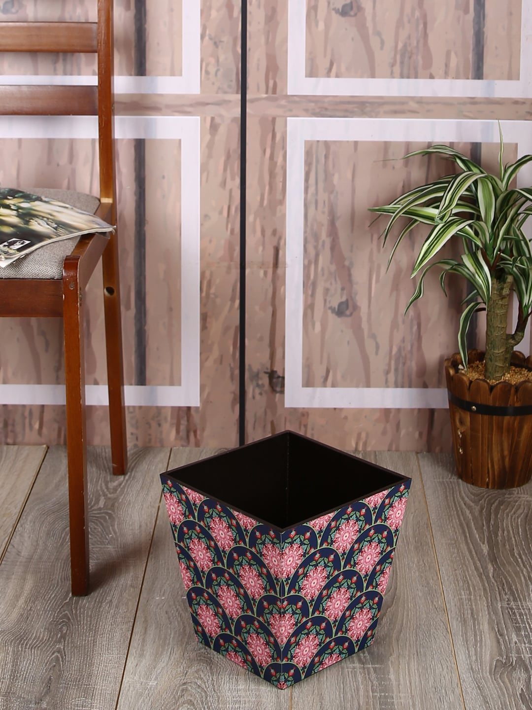 Reinvention Factory Navy Blue & Pink Printed Wooden Open Dry Bin Price in India