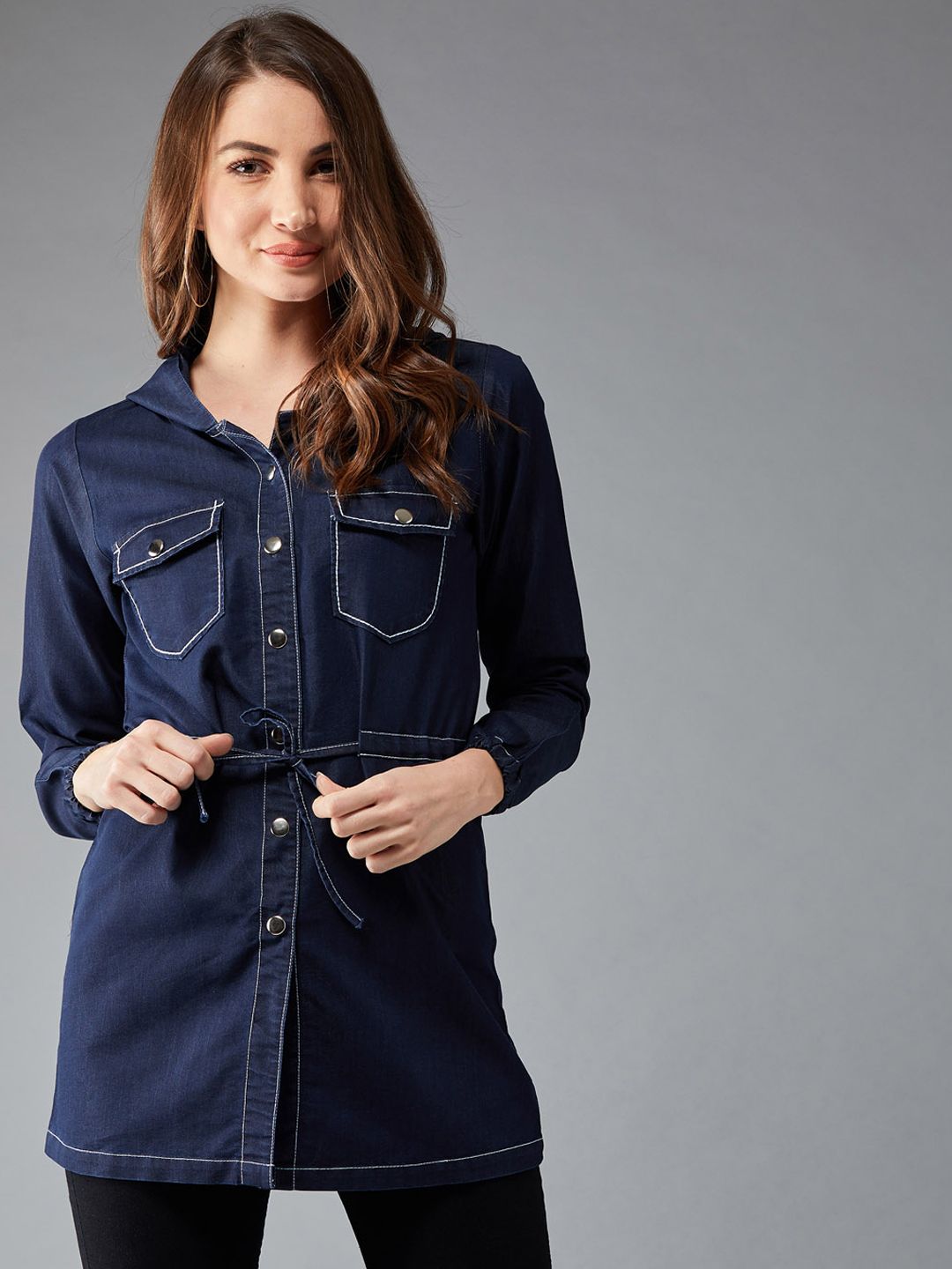 DOLCE CRUDO Women Navy Blue Solid Denim Jacket Price in India