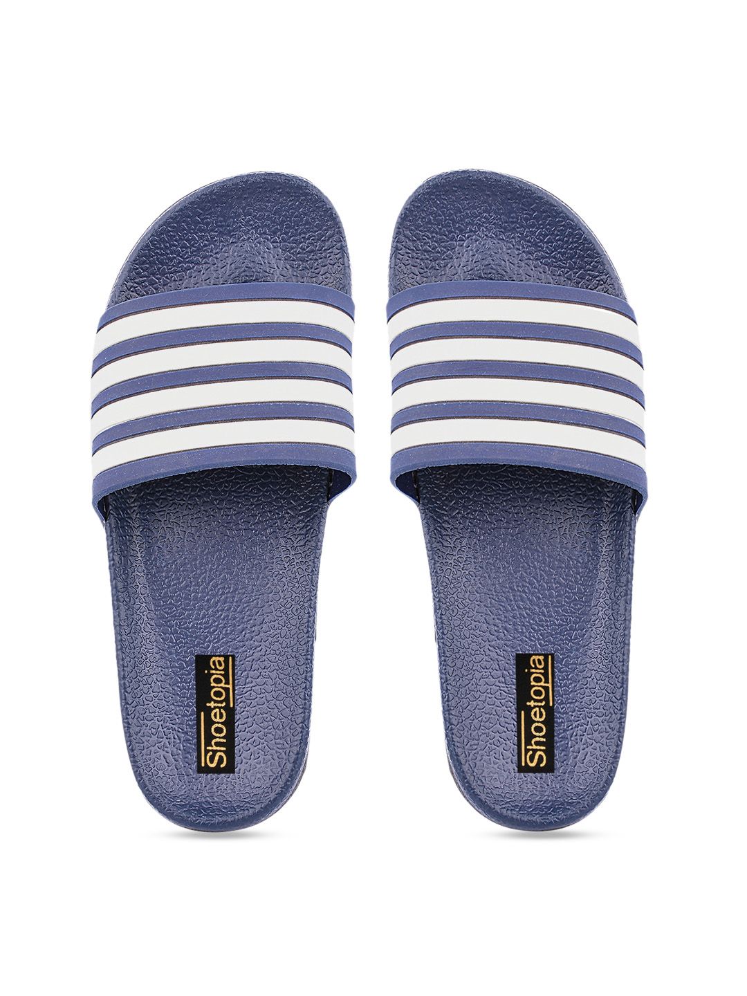 Shoetopia Women Navy Blue Striped Sliders Price in India