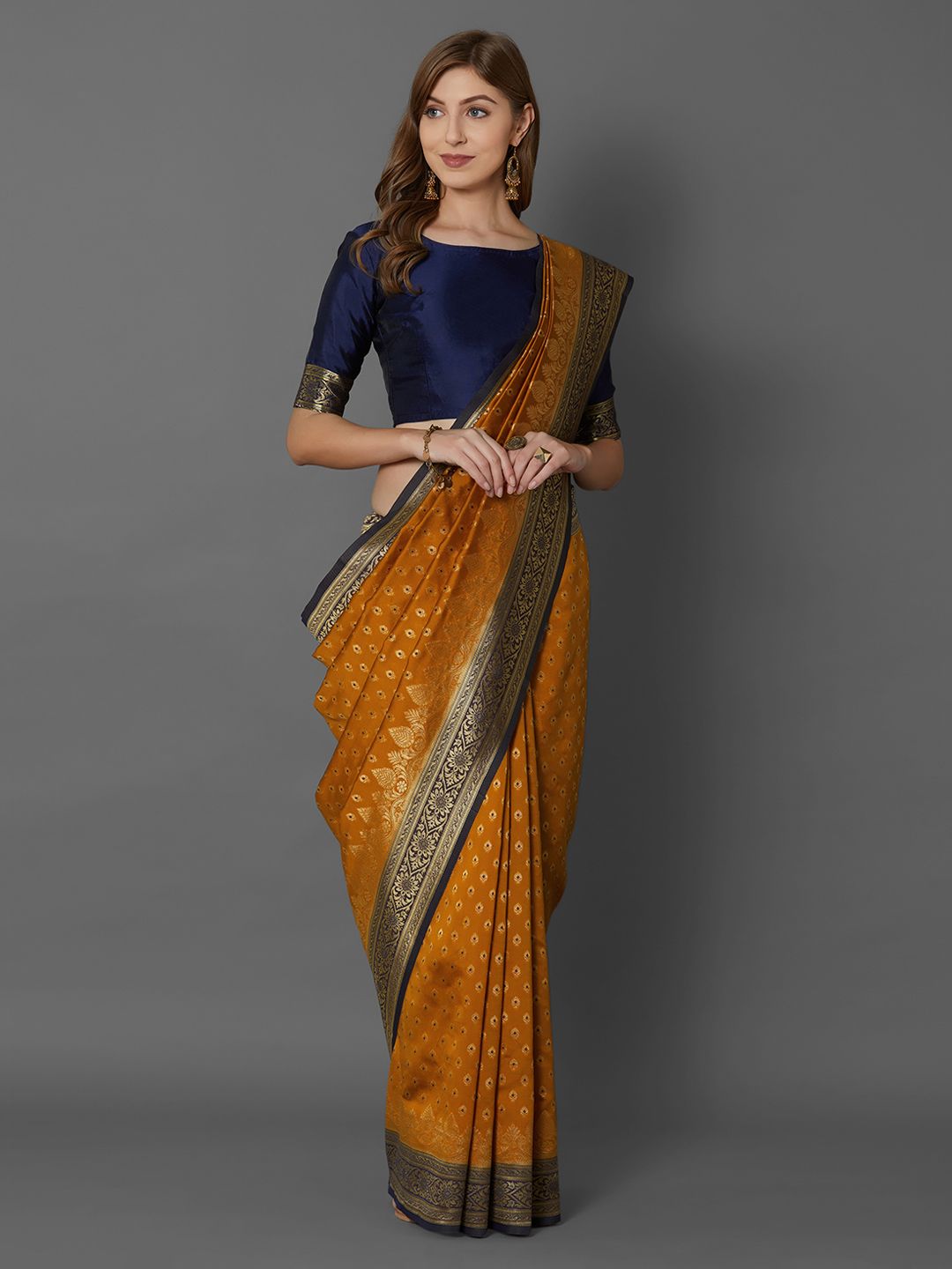 Mitera Mustard Silk Blend Woven Design Banarasi Saree Price in India