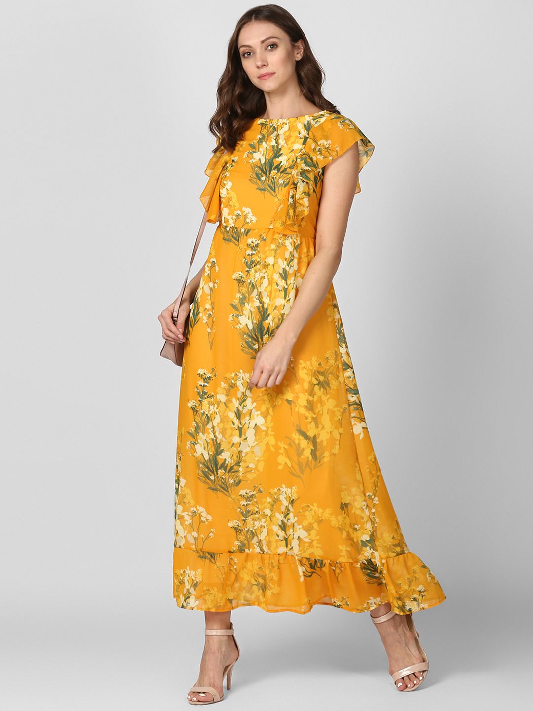 StyleStone Women Floral Print Yellow Maxi Dress with Ruffle Detail Price in India