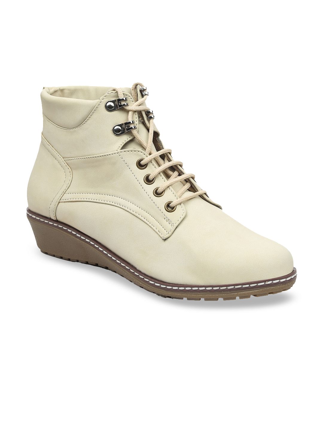 VALIOSAA Women Cream-Coloured Solid Heeled Boots Price in India