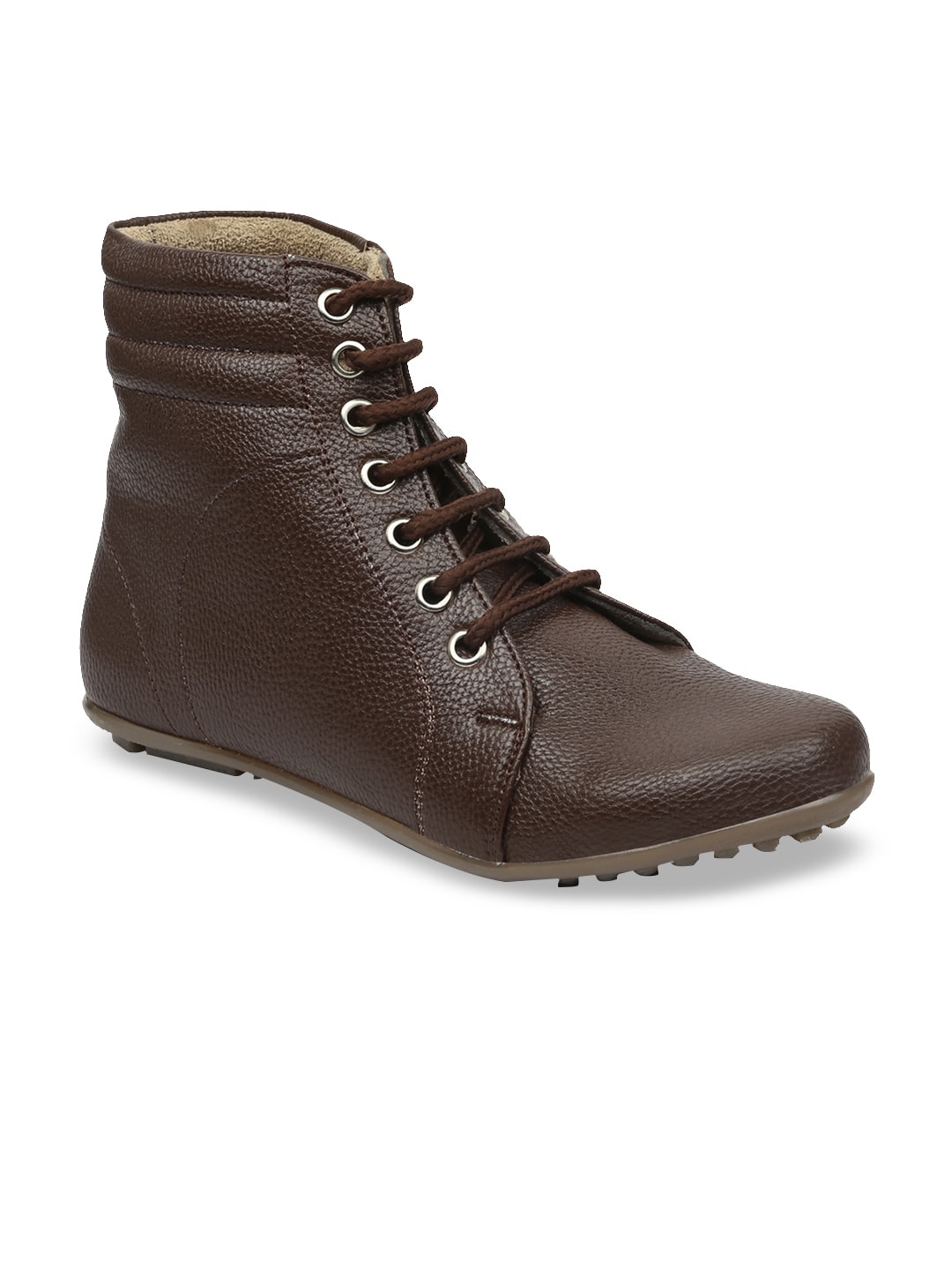 VALIOSAA Women Brown Solid Synthetic Mid-Top Flat Boots Price in India
