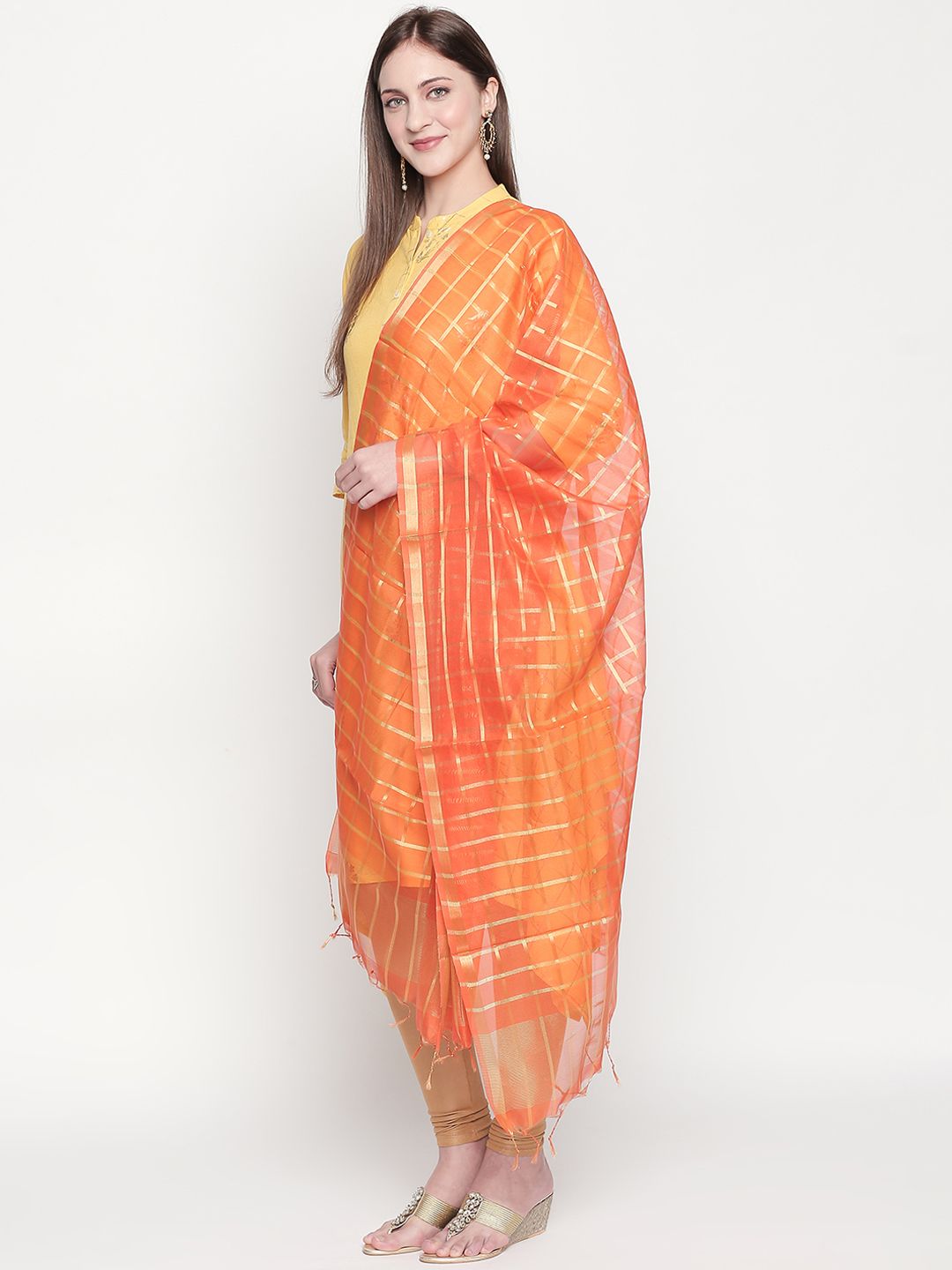 Dupatta Bazaar Orange & Gold-Toned Checked Dupatta Price in India