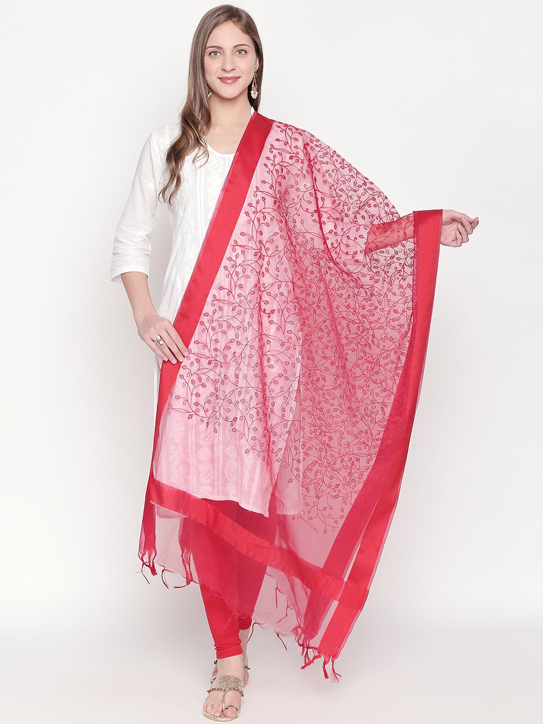 Dupatta Bazaar Red Embroidered Dupatta Price in India