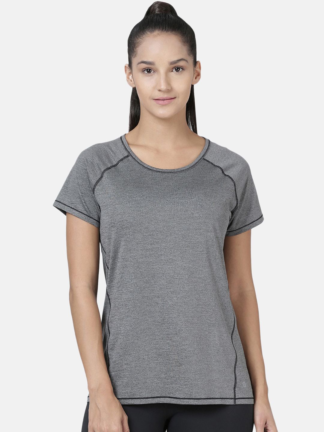 Enamor Women Grey Melange Relaxed Fit Athleisure Active T-Shirt Price in India